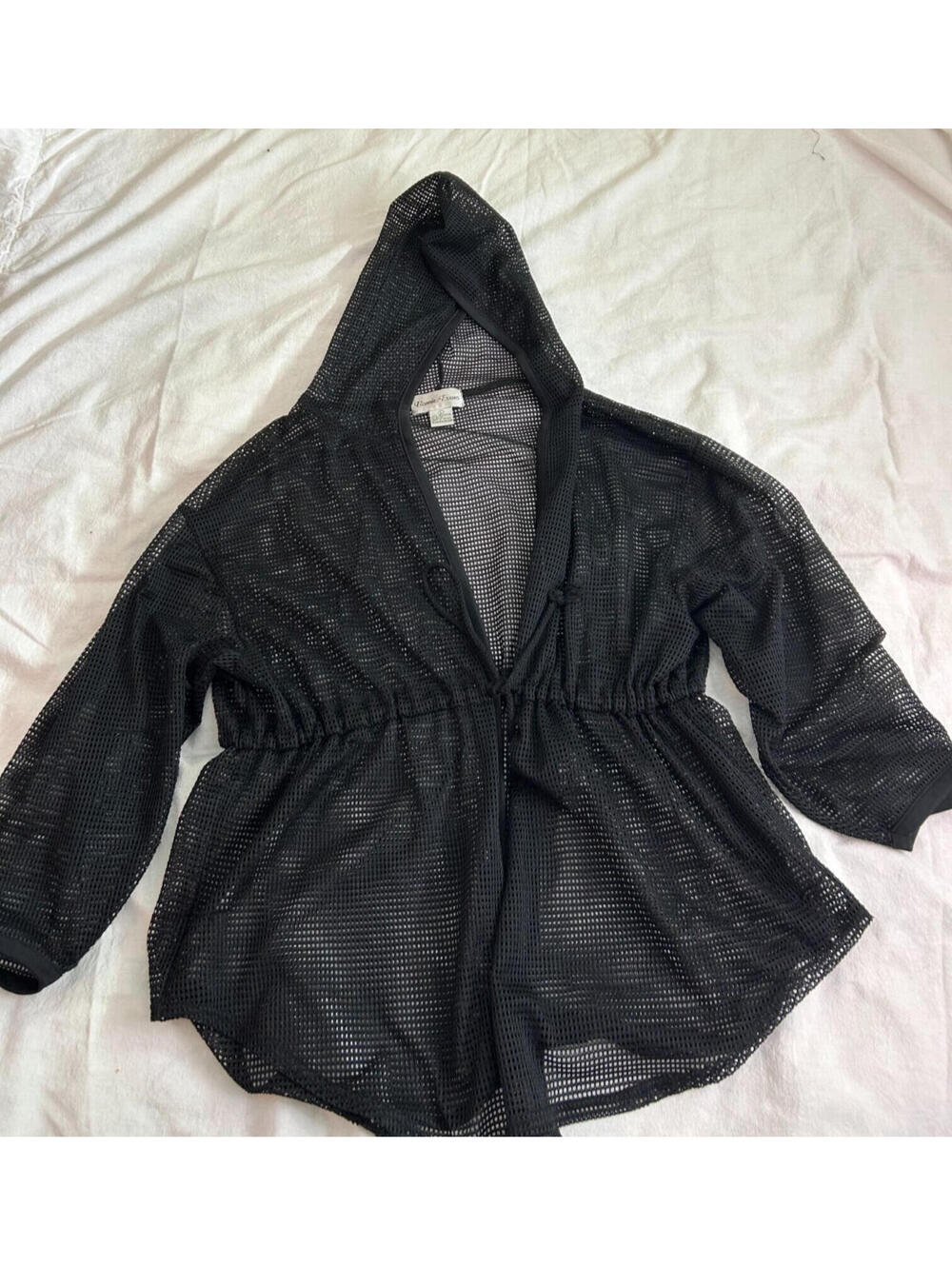 Bonnie Evans Black Mesh Hooded Swimsuit Cover Up Sz L Drawstring Beach Cardigan